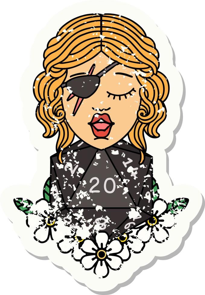 grunge sticker of a human rogue with natural twenty dice roll vector