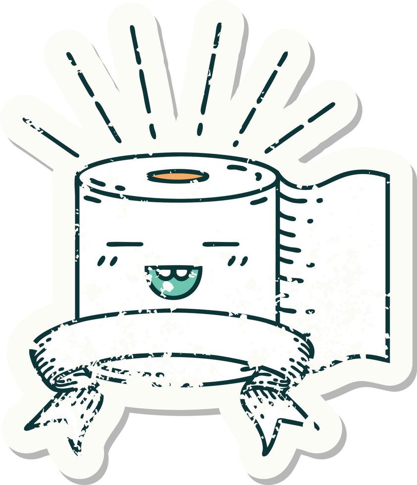 worn old sticker of a tattoo style toilet paper character vector