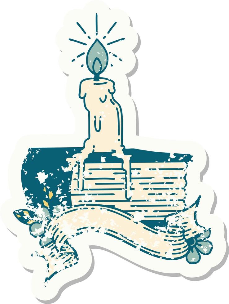 worn old sticker of a tattoo style candle melting on book vector