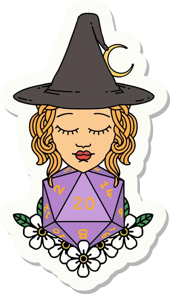 sticker of a human witch with natural twenty dice roll vector