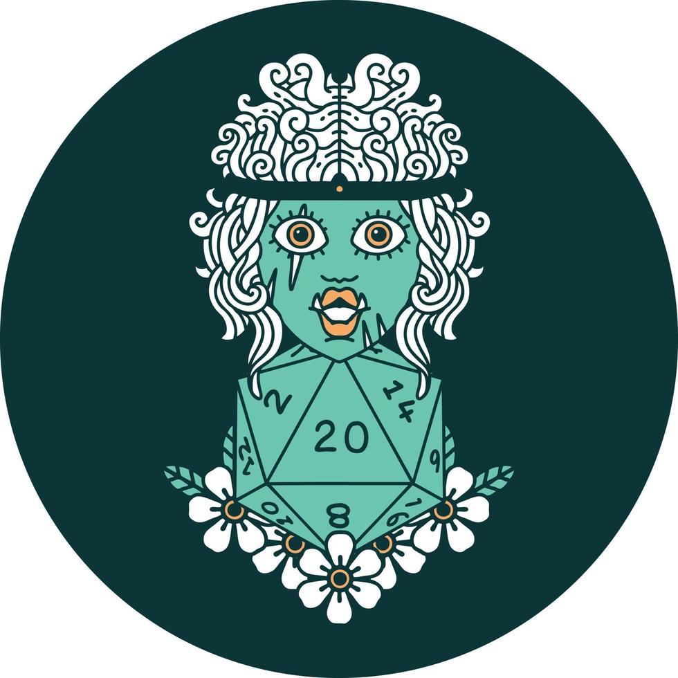 icon of orc barbarian with natural twenty dice roll vector