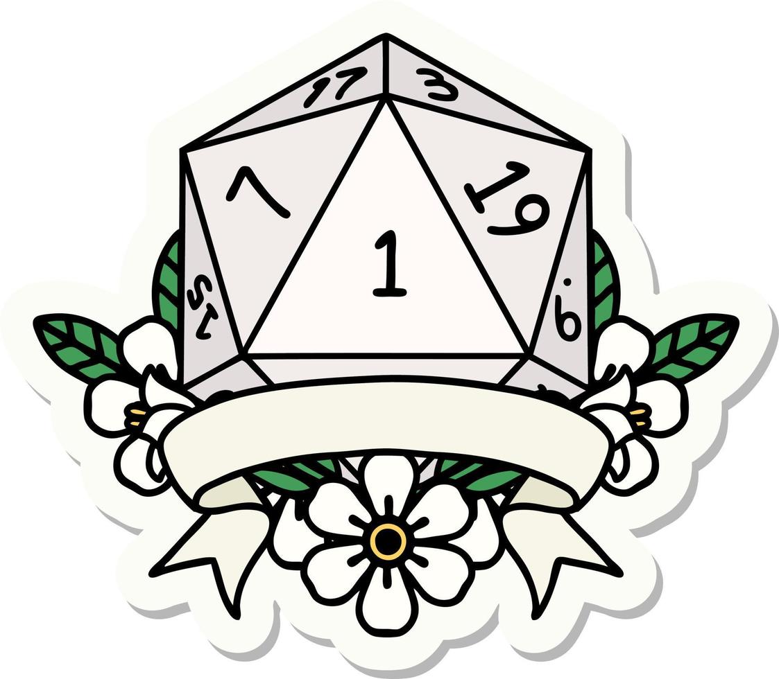 sticker of a natural one d20 dice roll vector