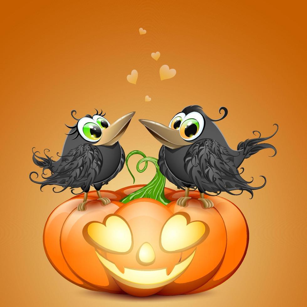 Cartoon orange funny Halloween Pumpkin with cute couple of black crows in love vector