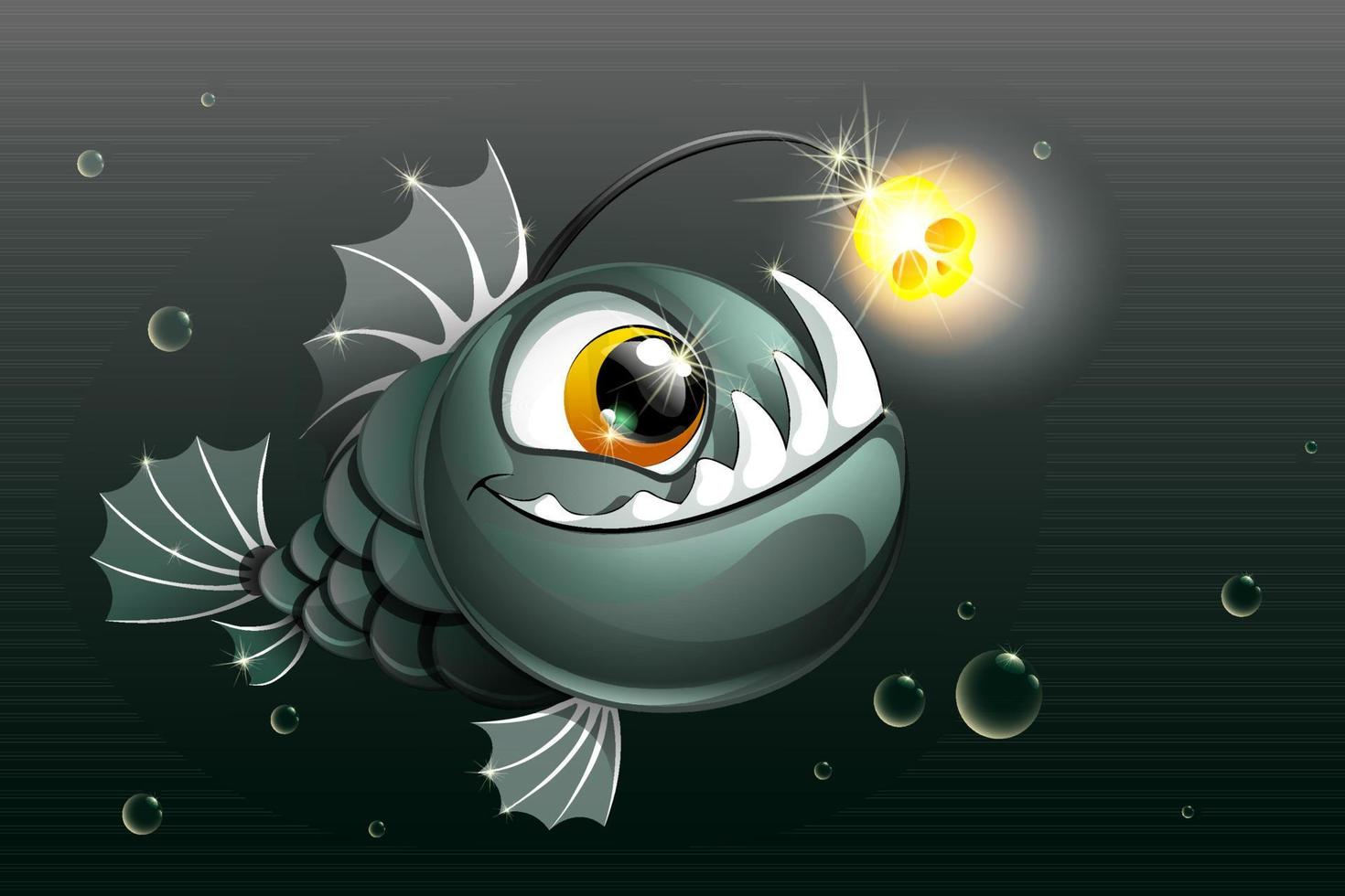 Predator AnglerFish in the deep dark water with spooky scull lantern. vector