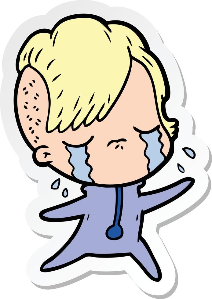 sticker of a cartoon crying girl wearing space clothes vector