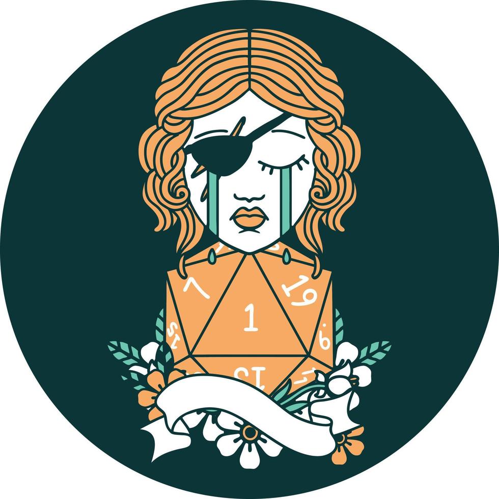 icon of crying human rogue with natural one D20 roll vector