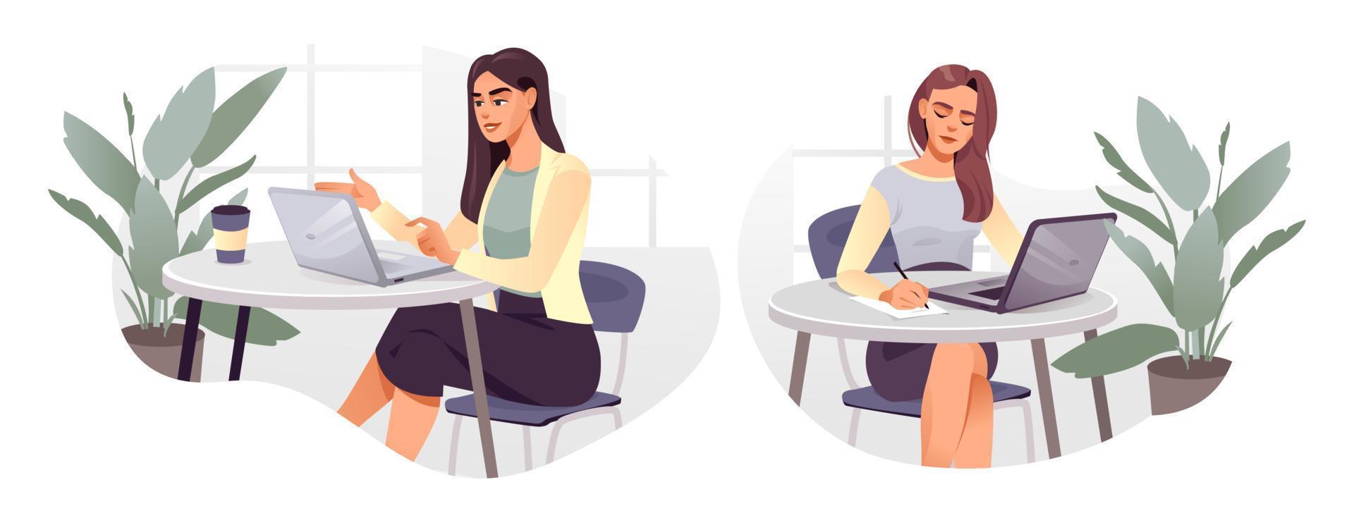 A girl with a laptop is working. The girl is browsing the Internet, conversations, online conferences. The concept of online education. Flat vector illustration.