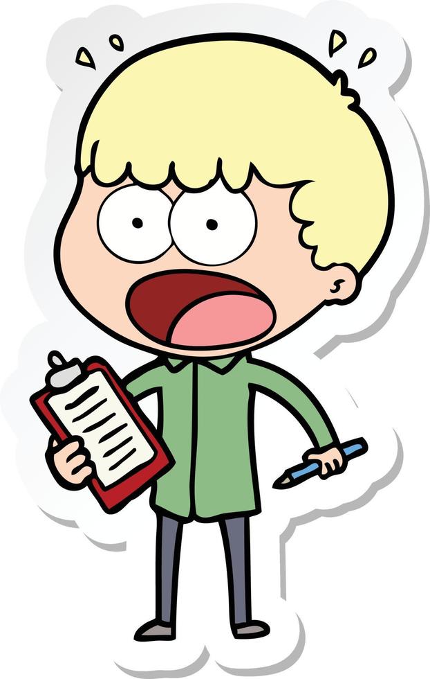 sticker of a cartoon shocked man with clipboard and pen vector