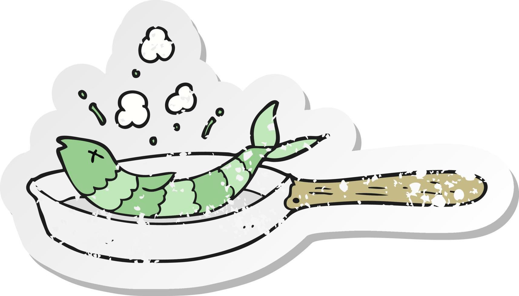 retro distressed sticker of a cartoon frying fish vector