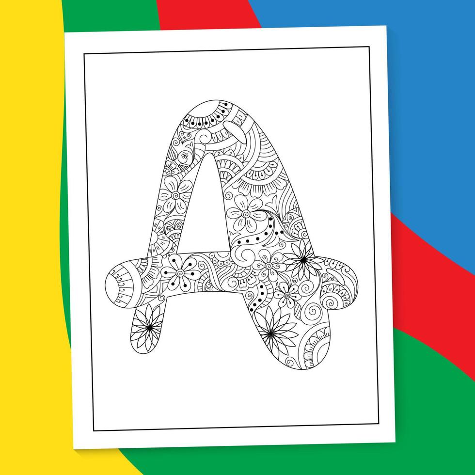 Página para colorear de letras del alfabeto mandala dibujadas a mano de la A a la Z. Alfabeto letra flor para colorear páginas del libro. az letra mandala colorear página garabato. vector