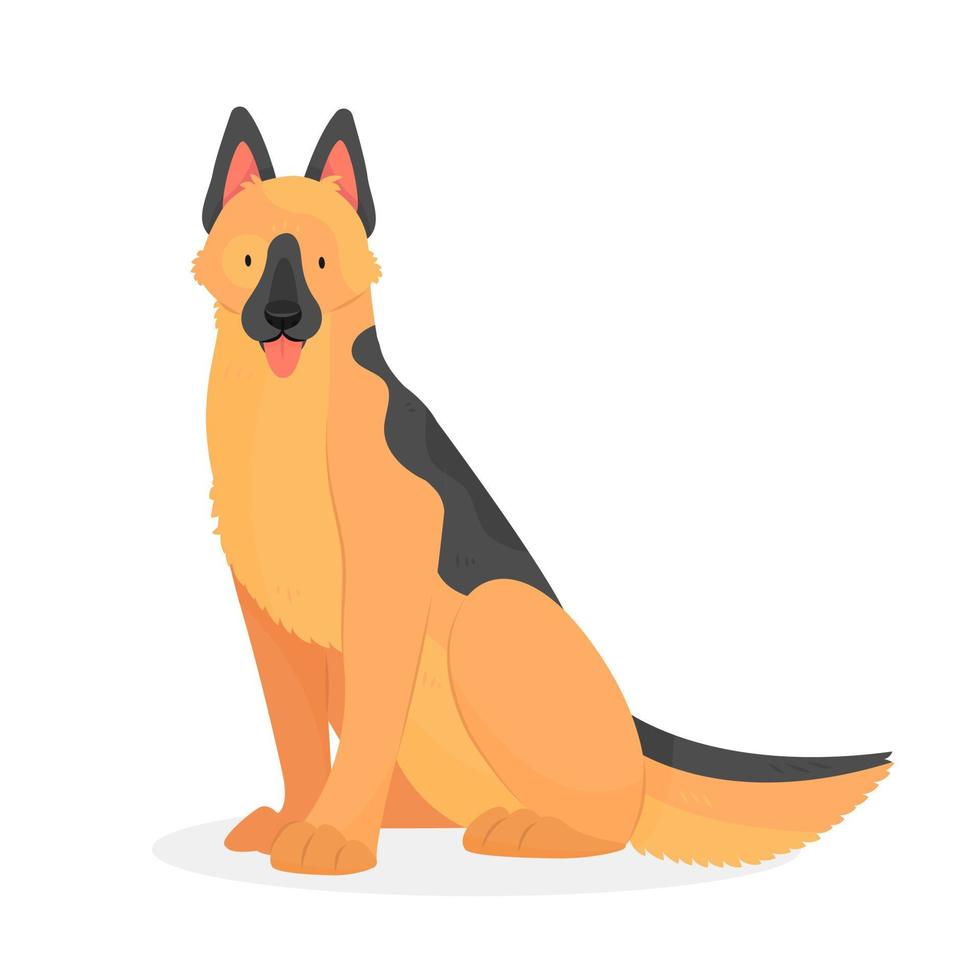A German Shepherd with his tongue hanging out is sitting. The character is a dog isolated on a white background. Vector animal illustration.