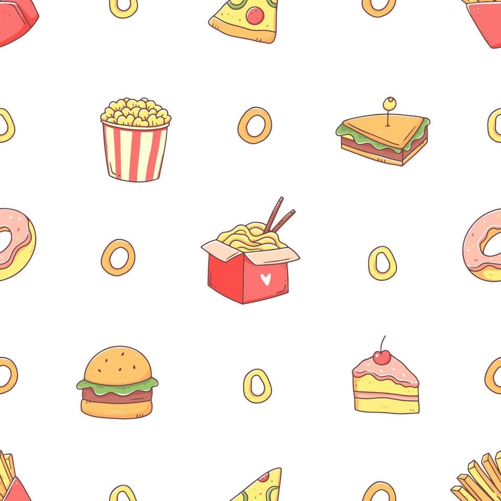 Seamless pattern with fast food in a cute kawaii doodle style. Popcorn, sandwich, noodles, pizza, burger, cake, donut, French fries. Vector background illustration of junk food.