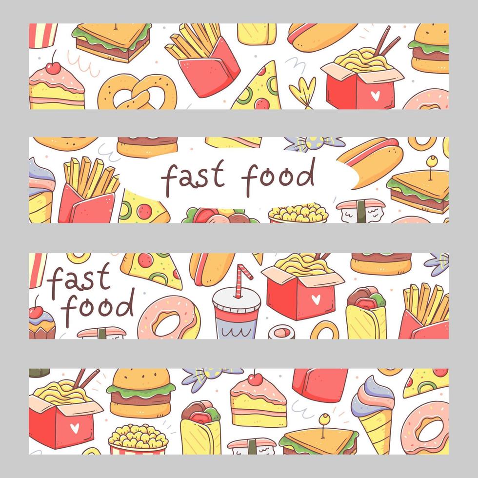 Collection of horizontal banners, fast food cards. Design for a fast food restaurant. A set of templates. Vector illustration with food in doodle style.