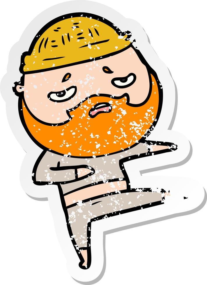 distressed sticker of a cartoon worried man with beard vector
