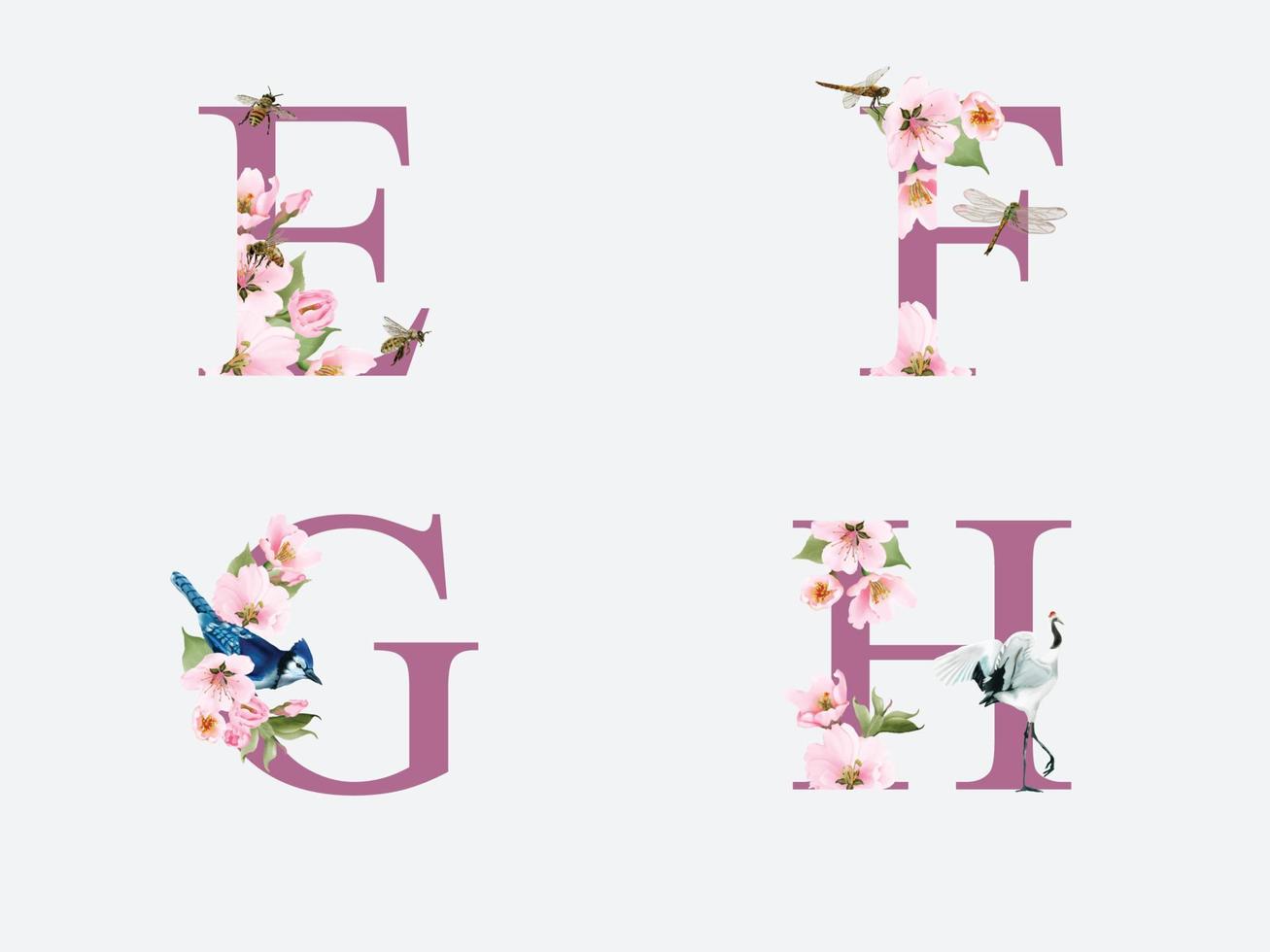 hermoso alfabeto con mano dibujada de flor de cerezo vector