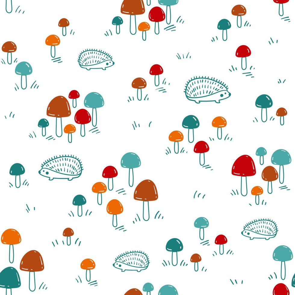 Autumn seamless vector pattern with mushrooms and hedgehogs hand drawn in doodle style