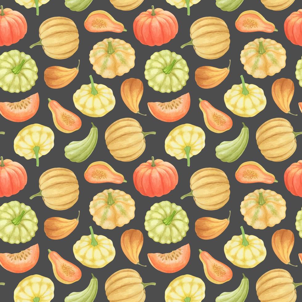 GREY VECTOR SEAMLESS PATTERN WITH MULTICOLORED WATERCOLOR PUMPKINS