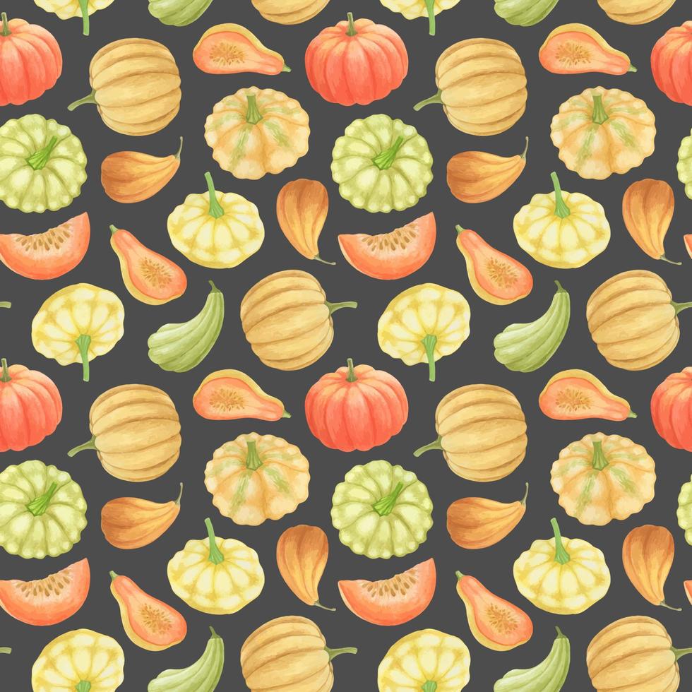 GREY VECTOR SEAMLESS PATTERN WITH MULTICOLORED WATERCOLOR PUMPKINS