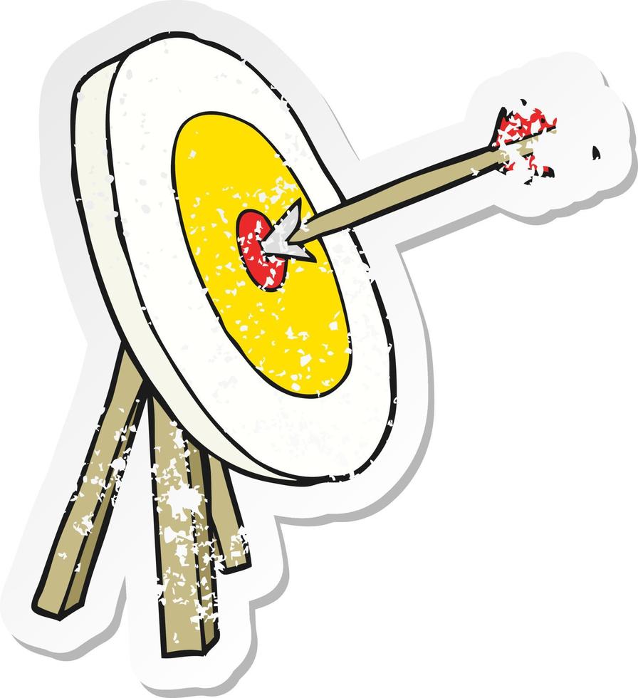 retro distressed sticker of a cartoon archery target vector
