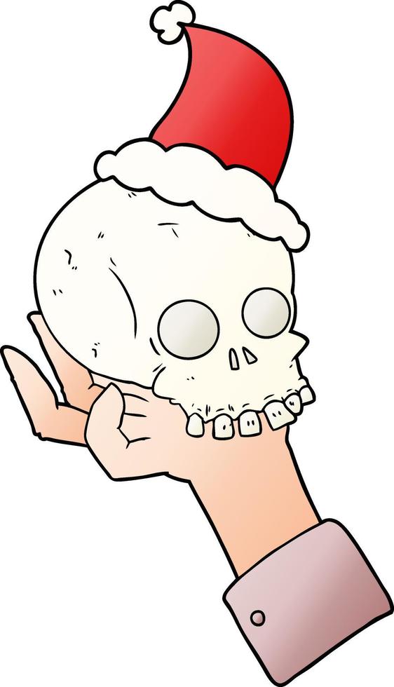 gradient cartoon of a hand holding skull wearing santa hat vector