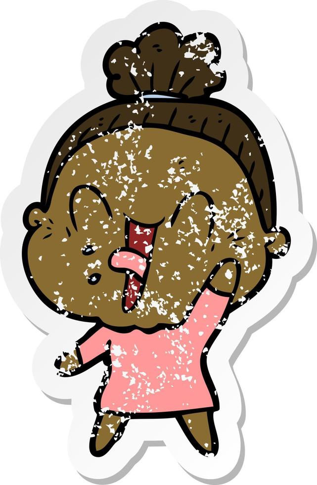 distressed sticker of a cartoon happy old woman vector