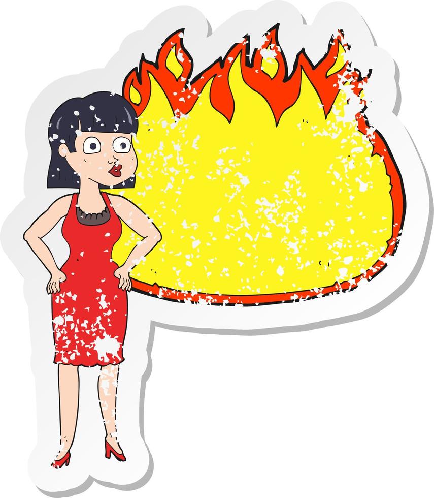 pegatina retro angustiada de una mujer de dibujos animados vestida con las manos en las caderas y una pancarta de llamas vector