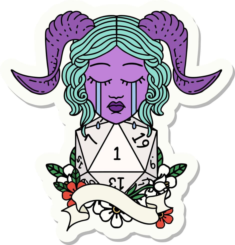 sticker of a crying tiefling with natural one D20 roll vector