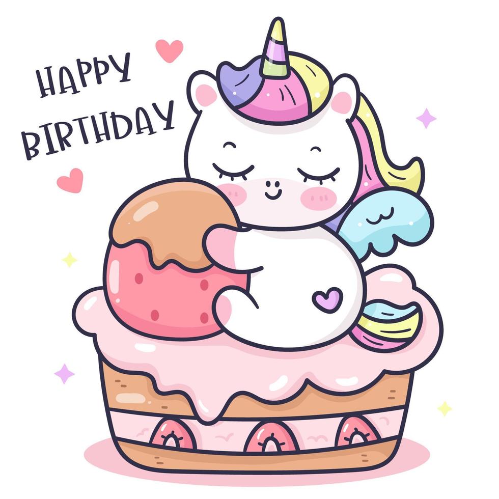 cute unicorn baby hug sweet cake vector