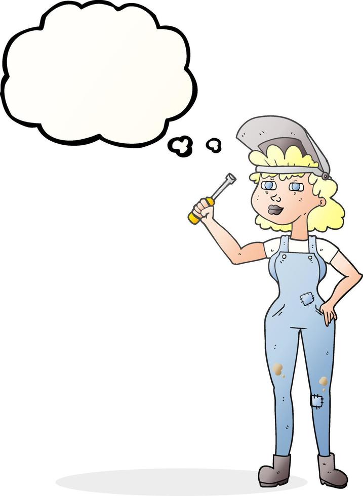 freehand drawn thought bubble cartoon female mechanic vector