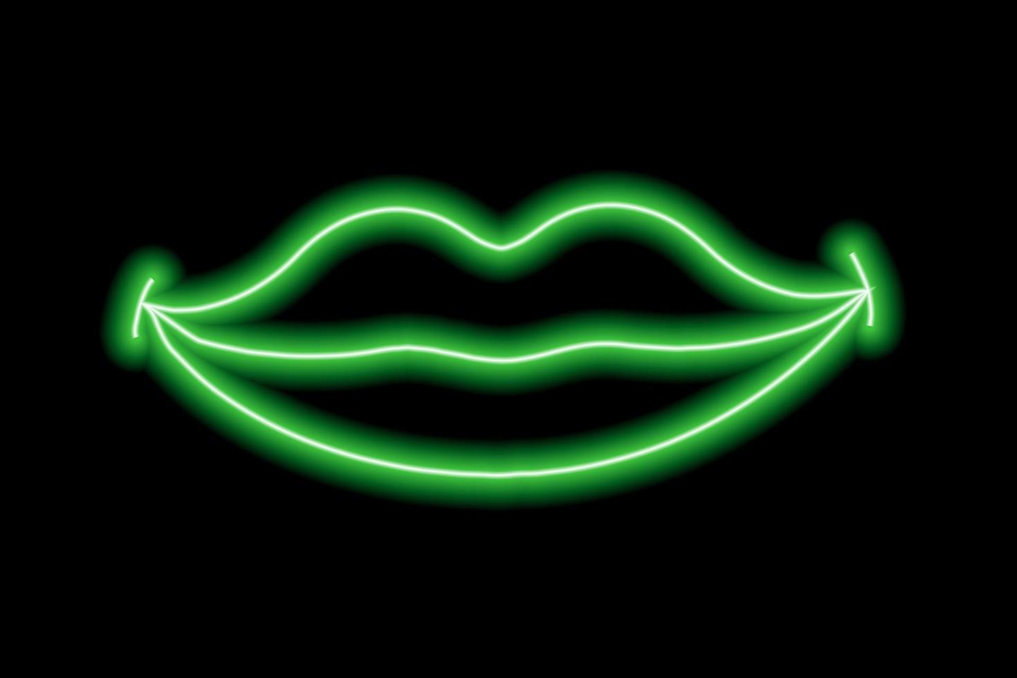 Green neon smiling lips on a black background. The contour of the lips. Kiss. Illustration vector