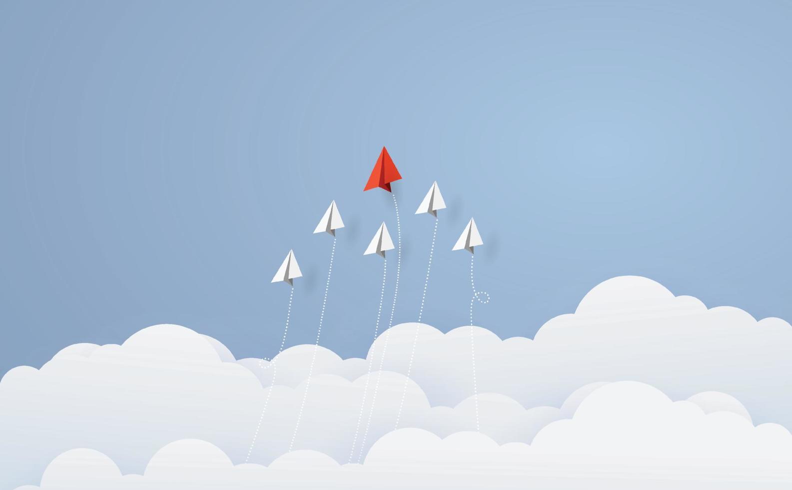 Business concept. Red paper leader airplane flying on blue sky of business teamwork and one different vision. Leader, New idea, boss, manager, winner concept, trend. Vector illustration