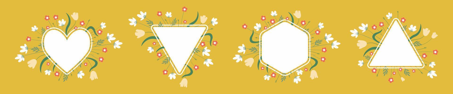 Set of horizontal floral frames with simple vector wild flowers for various wedding, party designs