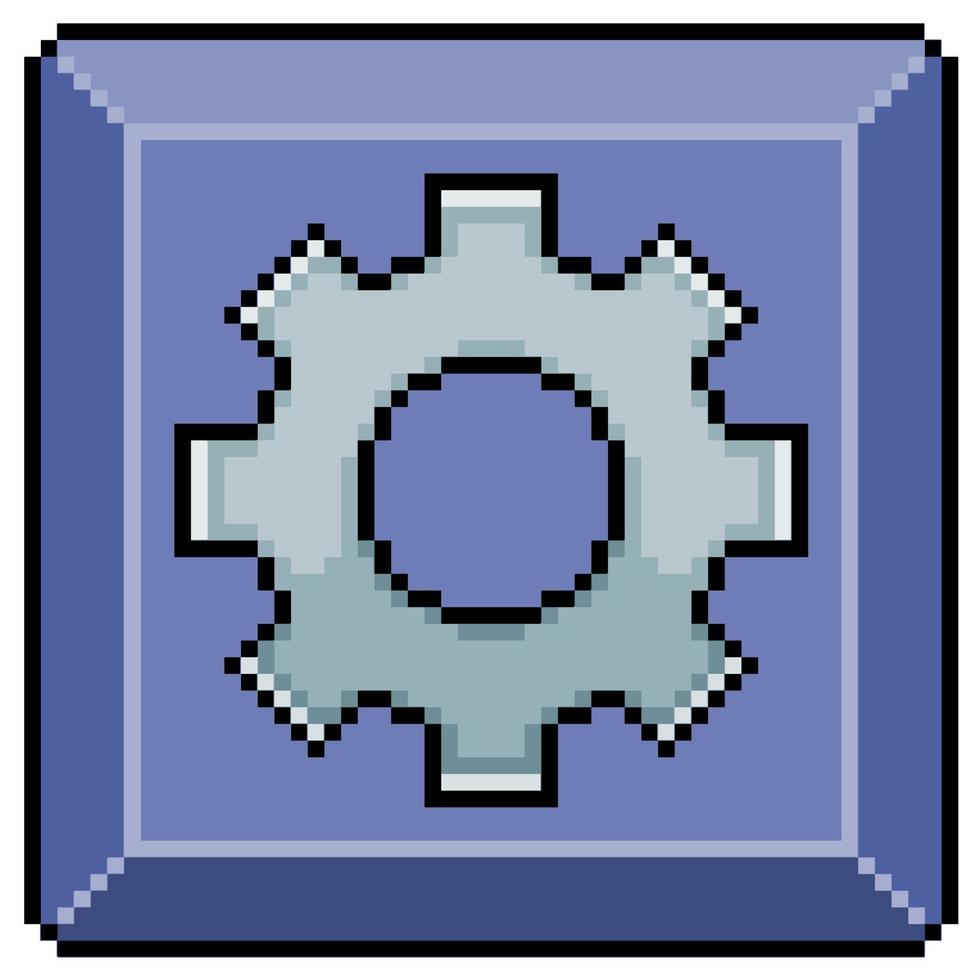 Pixel art settings button with gear vector icon for 8bit game on white background