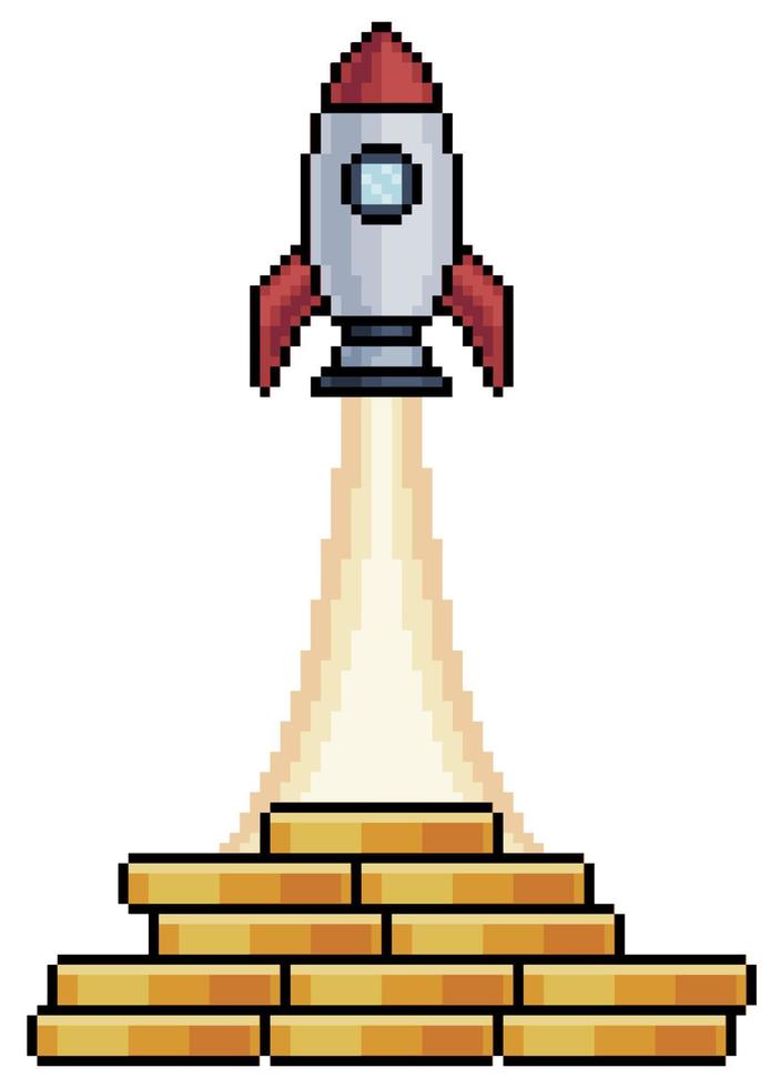 Pixel art rocket taking off from stack of coins vector icon for 8bit game on white background