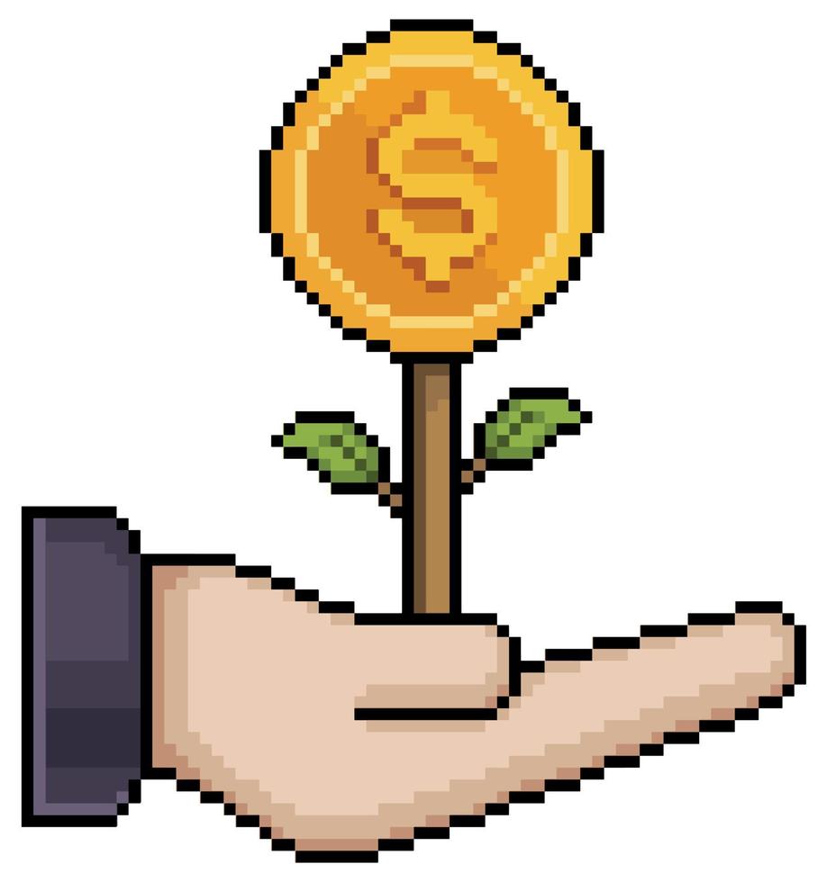 Pixel art hand holding coin and money plant vector icon for 8bit game on white background