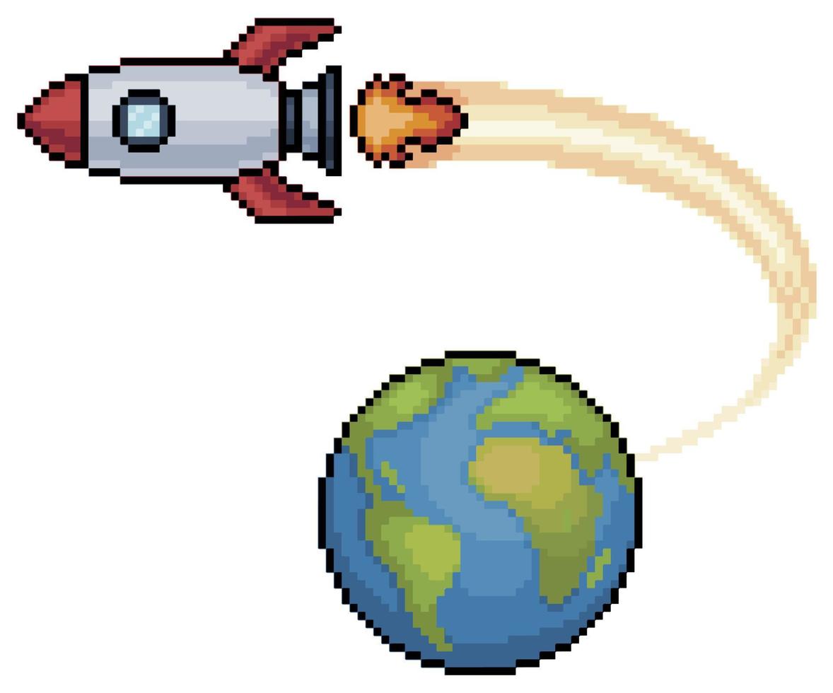 cohete de arte de píxeles despegando de la tierra, icono de vector volador de cohete para juego de 8 bits sobre fondo blanco