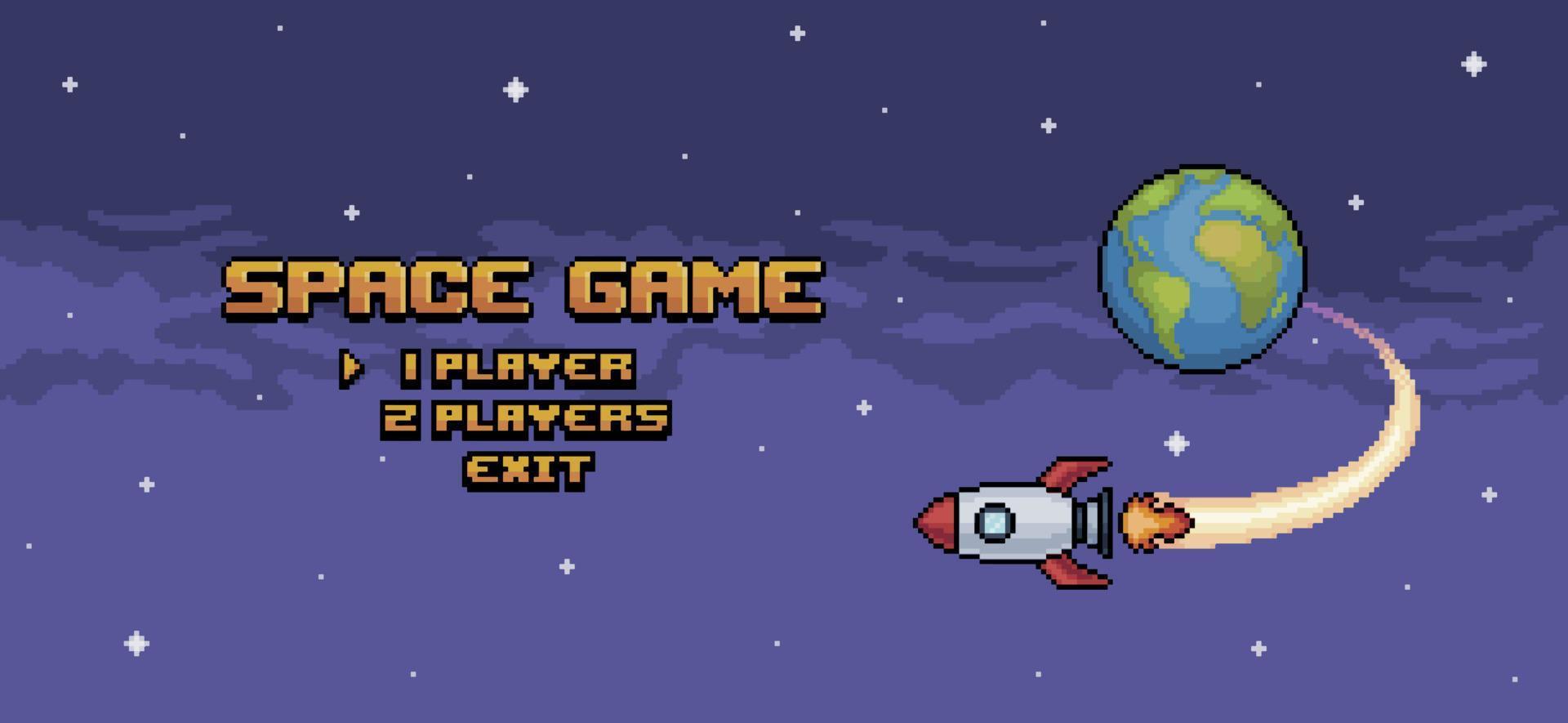 pantalla de inicio del juego espacial de pixel art, menú del juego con cohete volando sobre la tierra fondo de juego de 8 bits vector