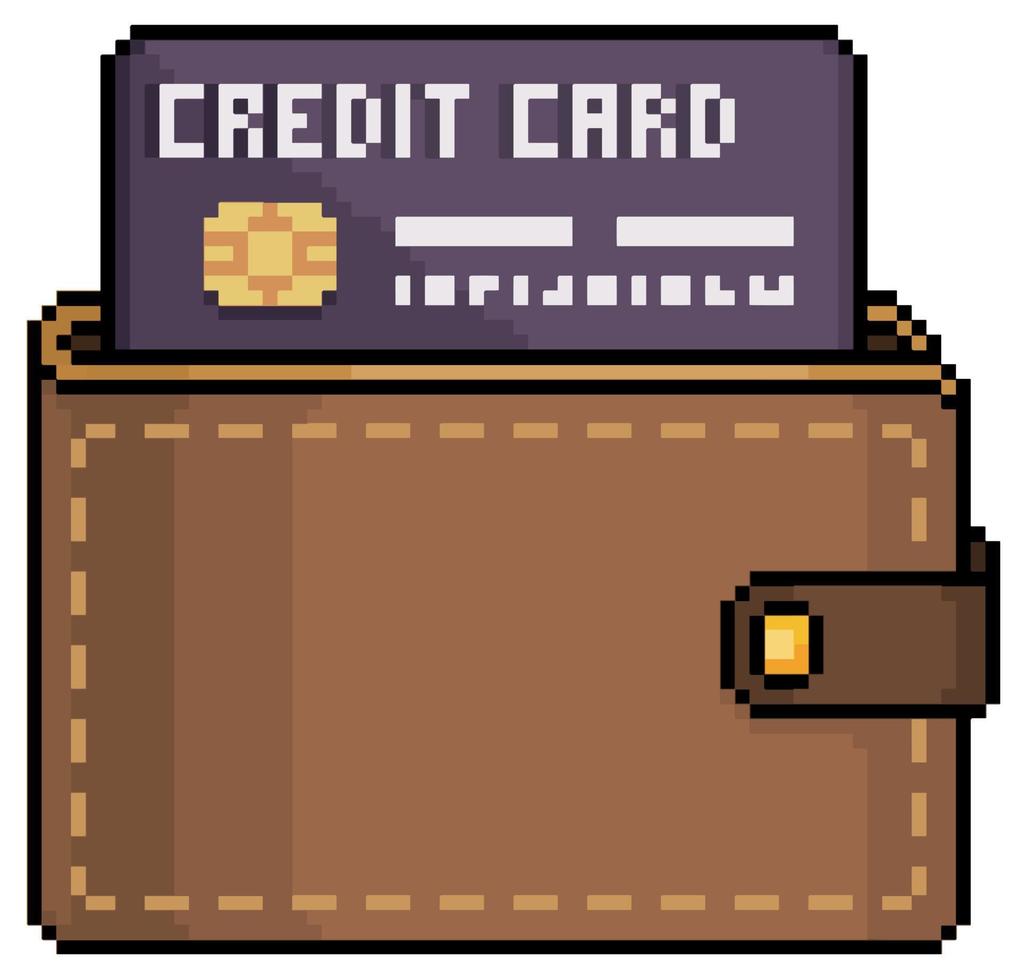Pixel art wallet with credit card vector icon for 8bit game on white background