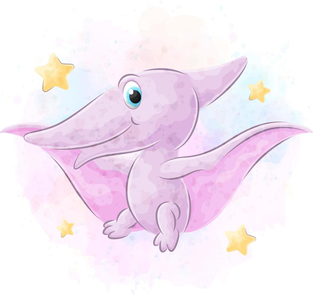 Cute doodle Dinosaur with watercolor illustration vector