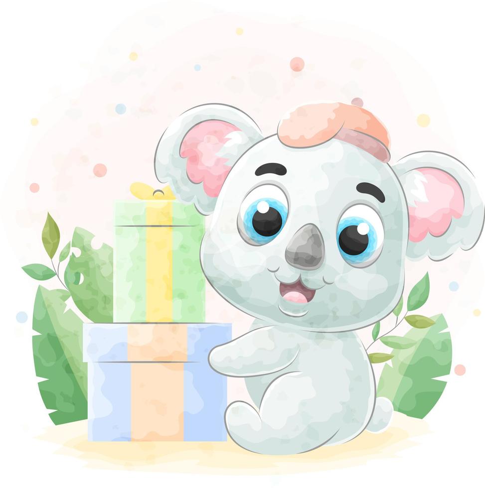 Cute doodle a Koala with watercolor illustration vector