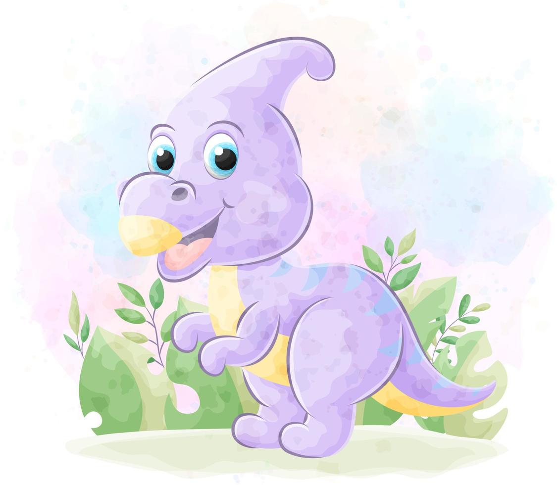 lindo dinosaurio garabato con ilustración acuarela vector