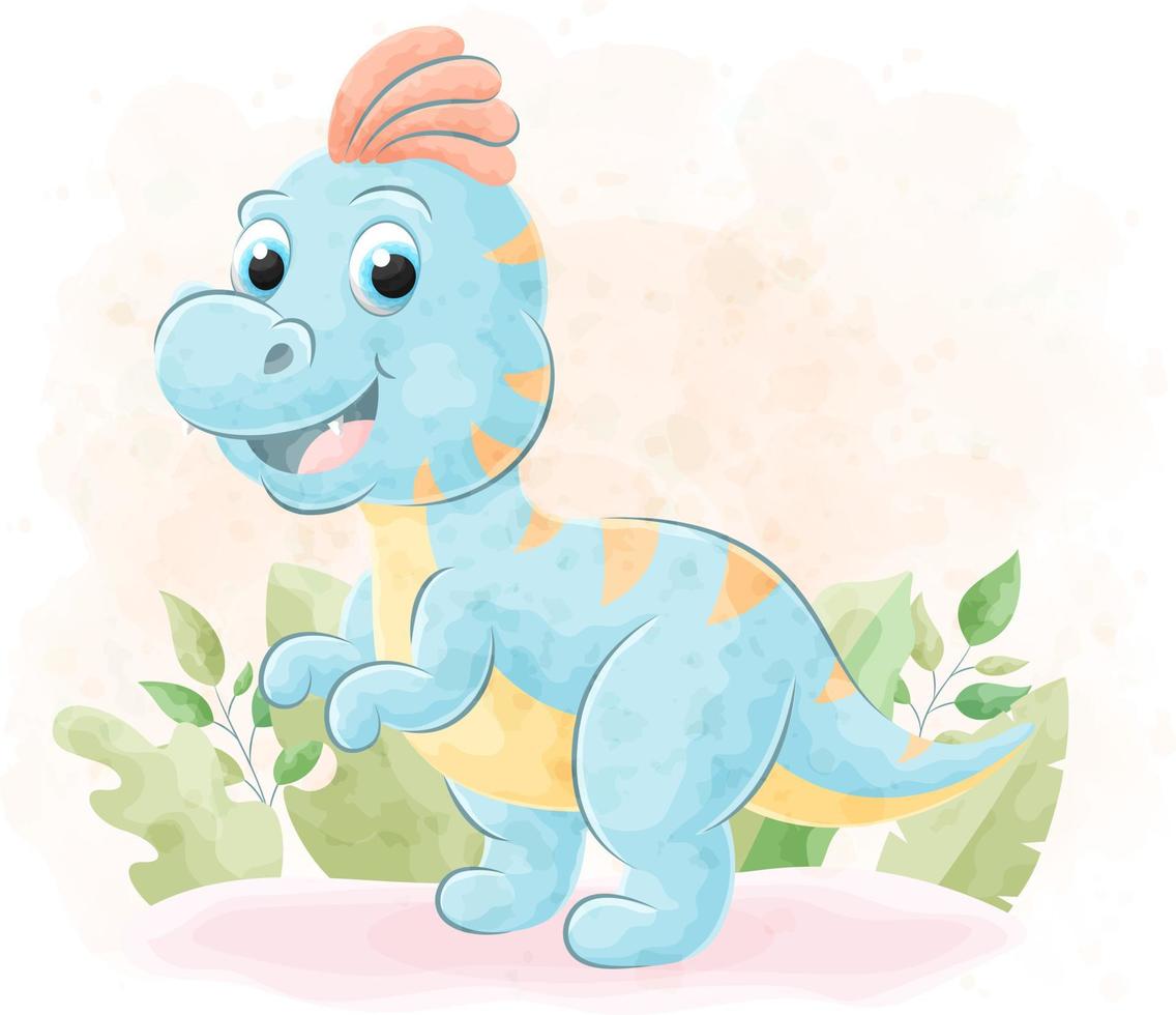 Cute doodle Dinosaur with watercolor illustration vector