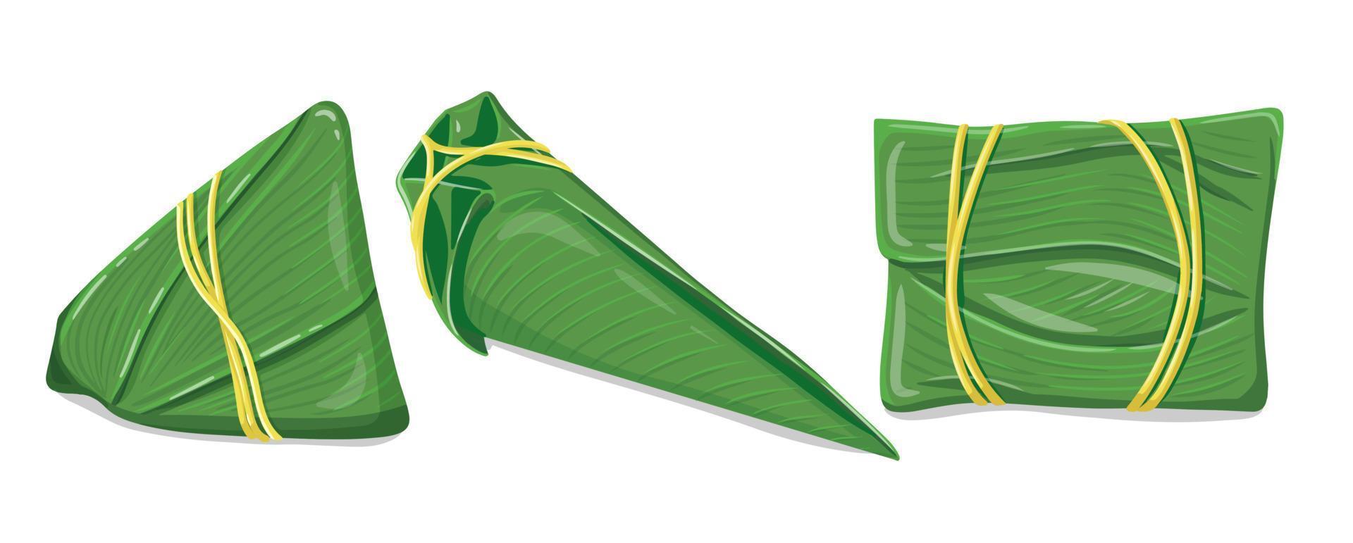 A set of Isolated Zongzi on white background, a couple of sticky rice dumpling. Chinese traditional food Dragon boat festival. Close up hand drawing vector illustration.