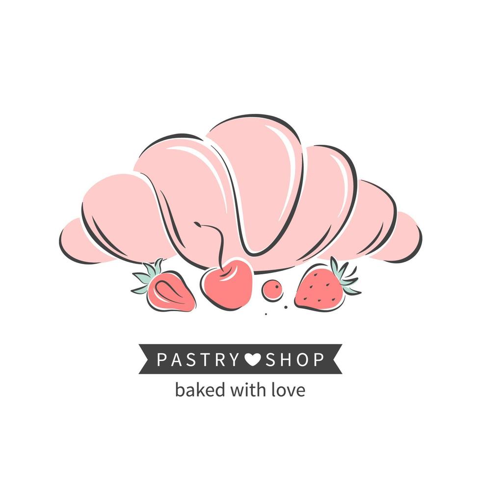 croissant o bagel y bayas. pastelería y panadería. ilustración vectorial para logotipo, menú, libro de recetas, panadería, cafetería, restaurante. vector