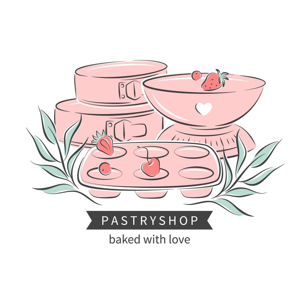 Set of baking and cooking elements, baking dish for muffins and cake, kitchen scales  and berries .Bakery element or pastry shop.Vector Illustration for logo, menu, recipe design or icon. vector