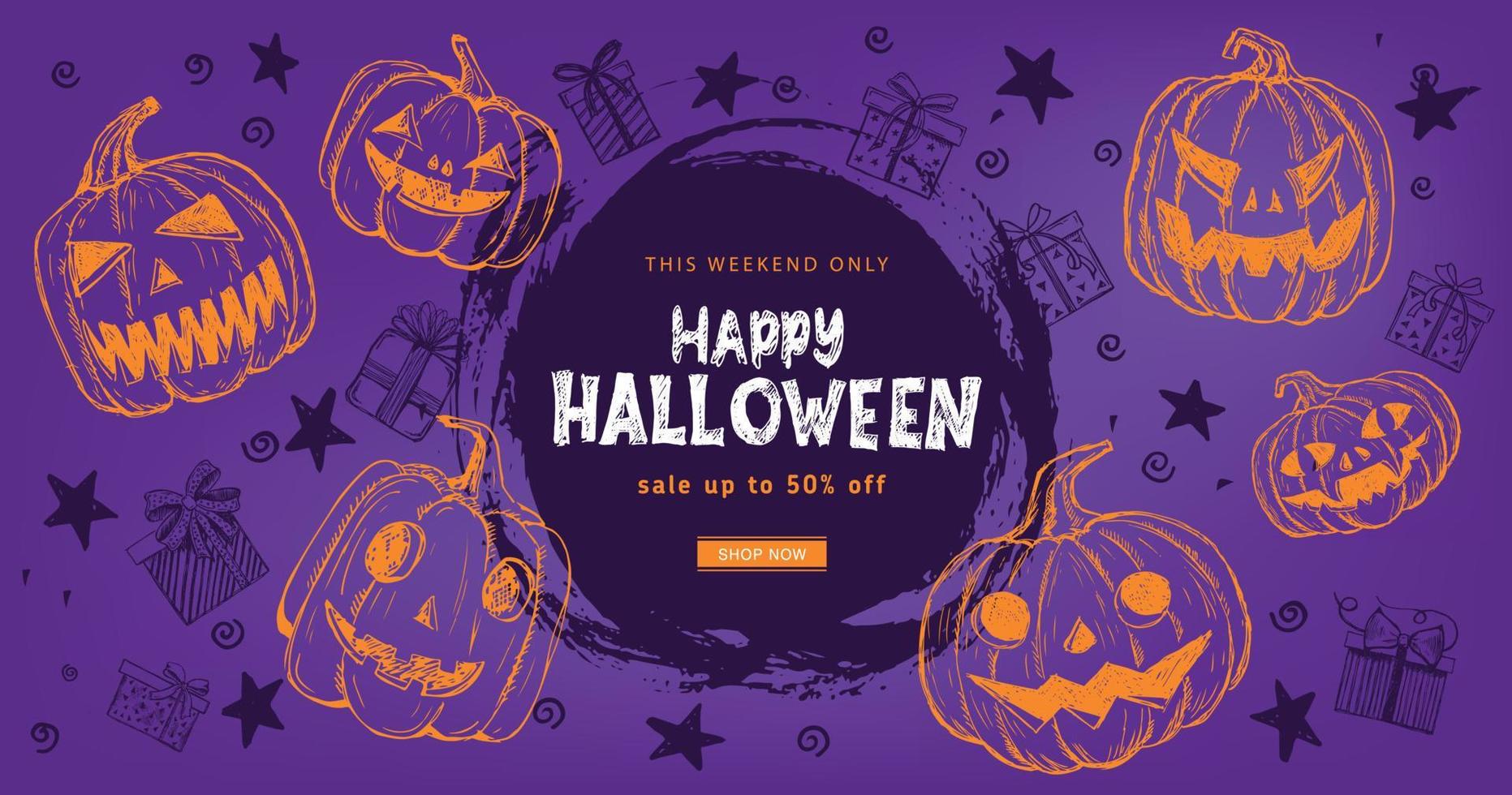 Halloween pumpkins and star pattern. Hand drawn illustration. vector