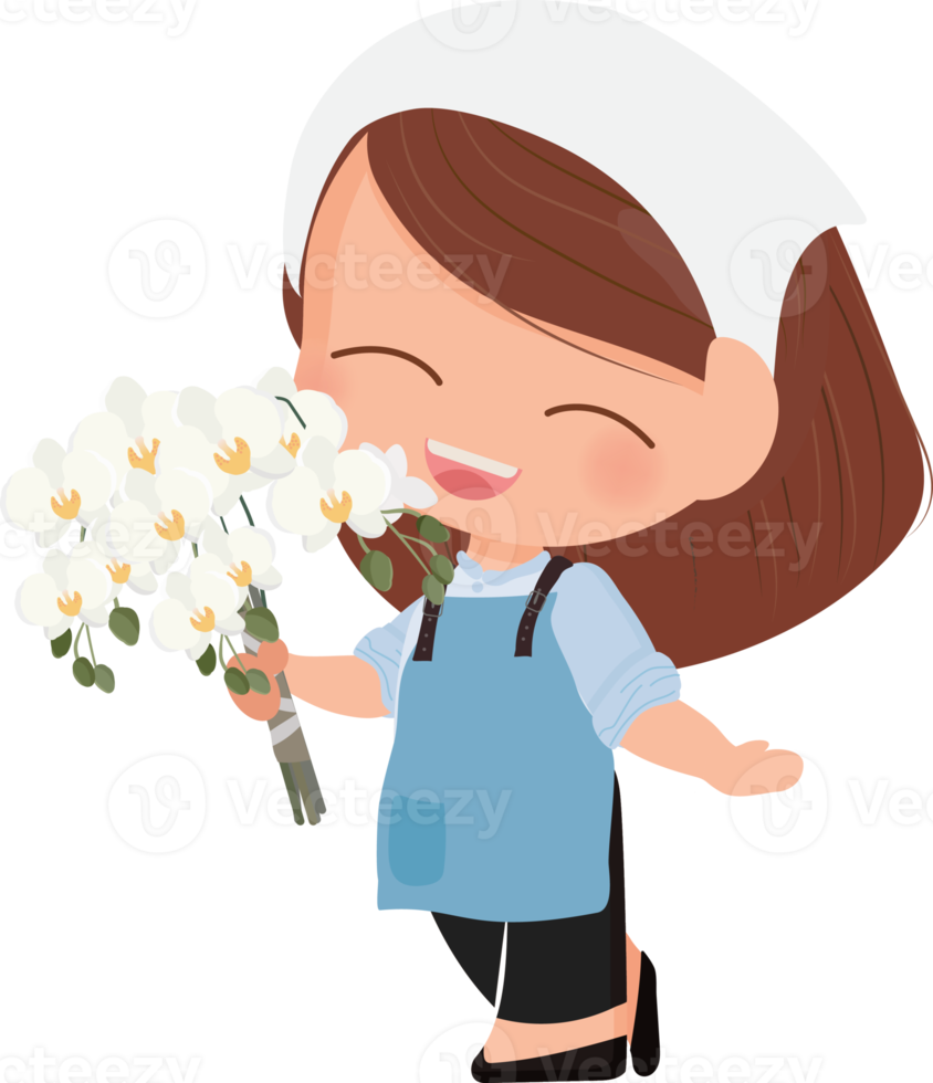 cute flat style young florist couple with white Phalaenopsis orchid bouquet png