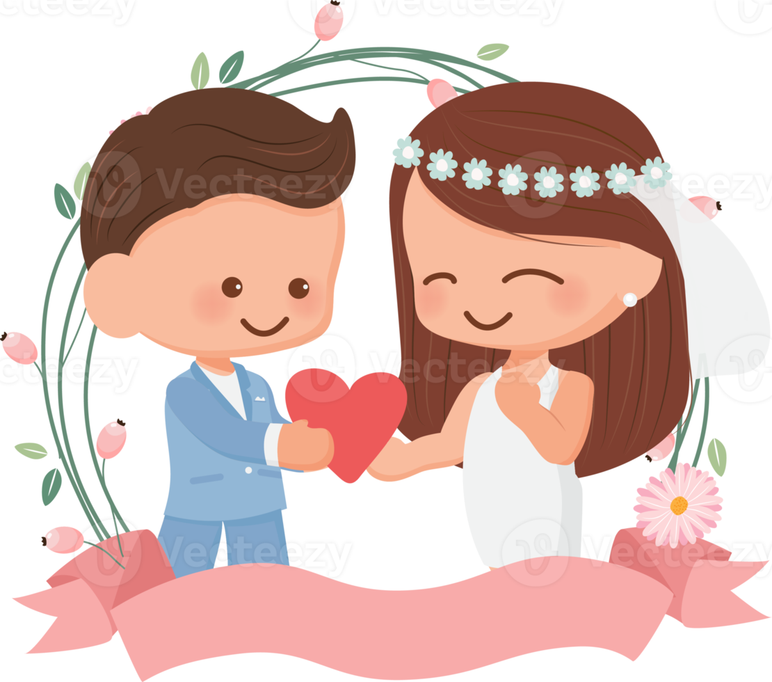 joli couple de mariage dans un style plat de couronne de fleurs pour la saint valentin ou une carte de mariage png