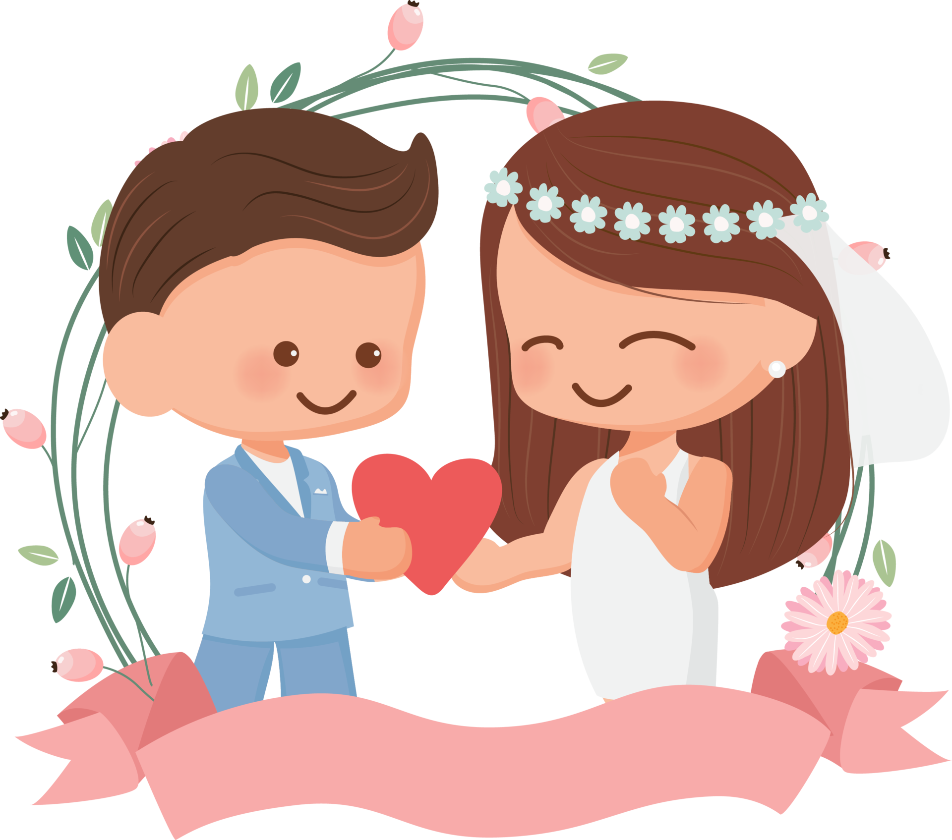 Cute Wedding Couple In Flower Wreath Flat Style For Valentine s Day Or cute-wedding-couple-in-flower-wreath-flat-style-for-valentine-s-day-or