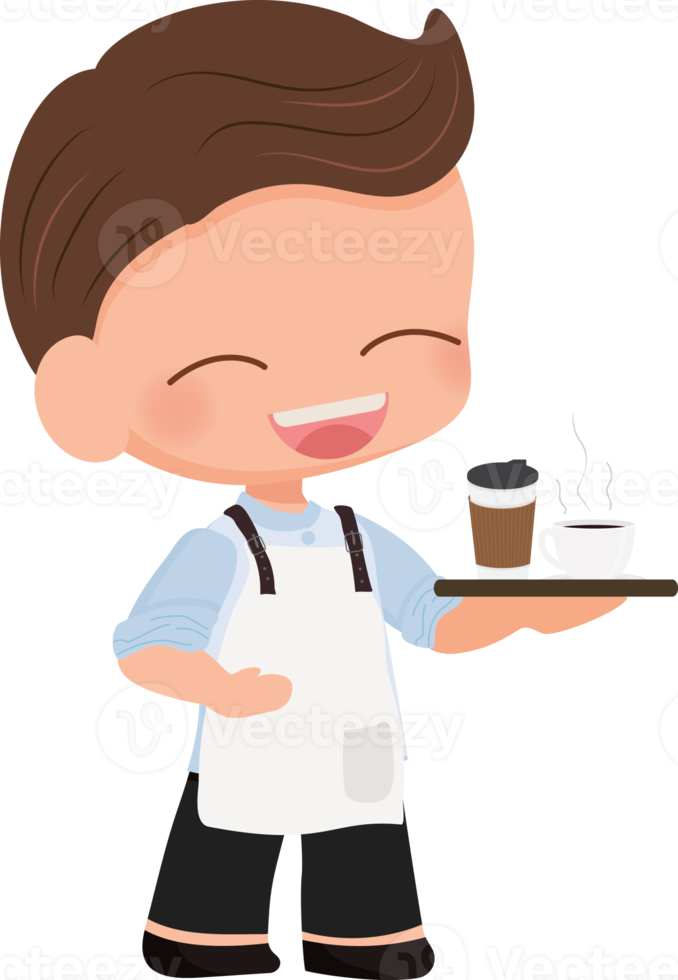 lindo, caricatura, joven, café, café, mesero, o, barista, en, camisa azul, uniforme png